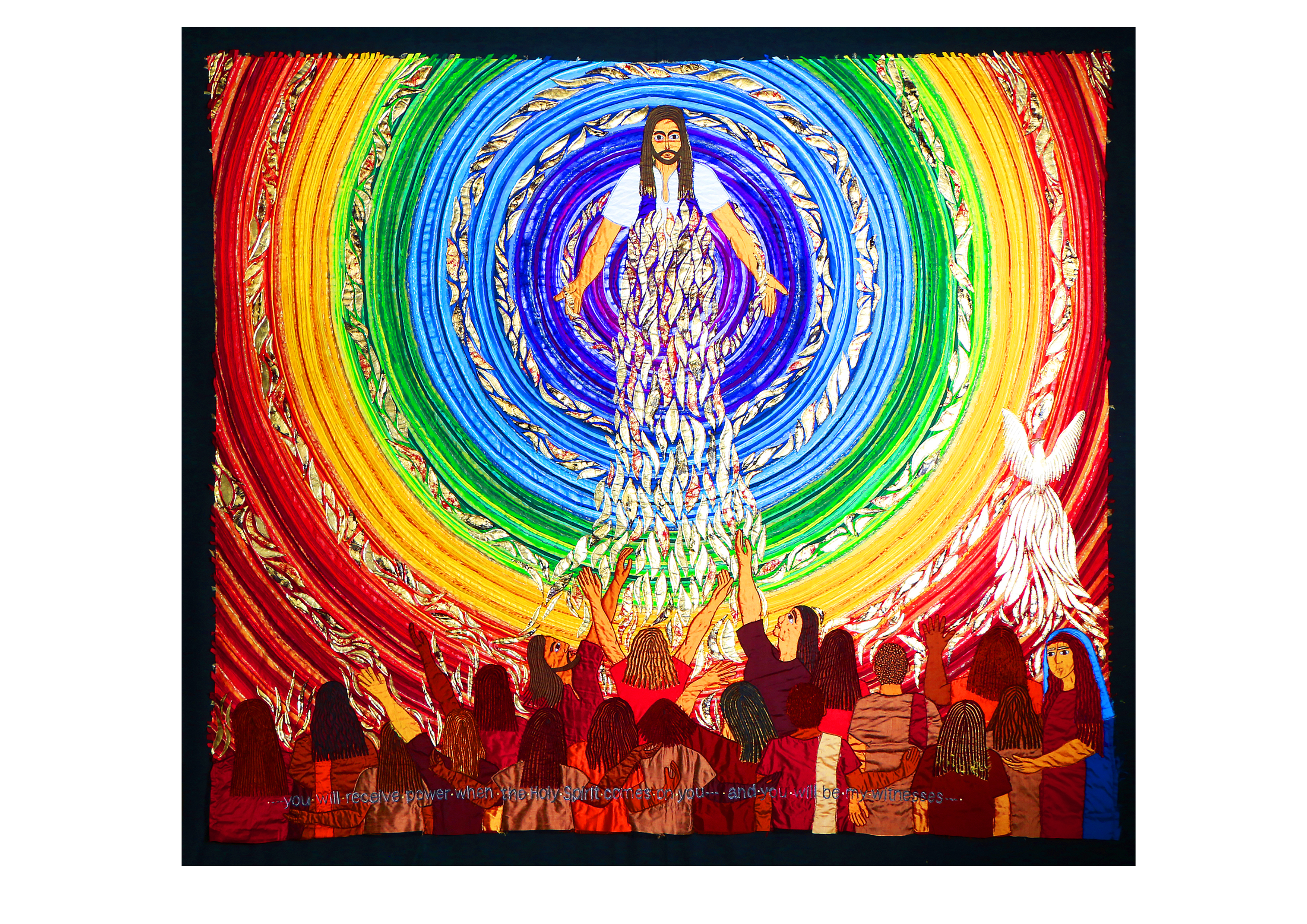 A textile piece of art depicting Jesus rising with rainbow circles