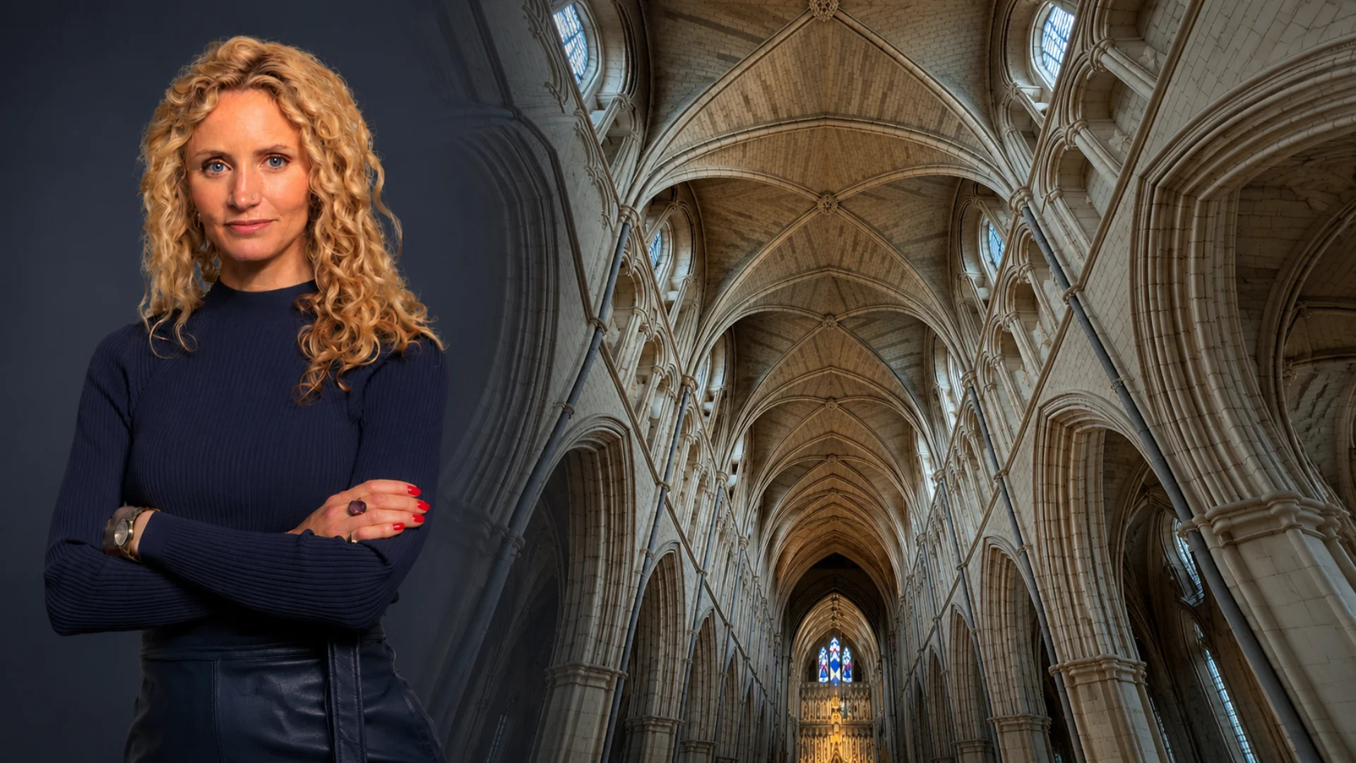 Suzannah Lipscomb wearing a blue turtleneck stood with her arms crossed looking at the camera next to an image of the Nave of Southwark Cathedral
