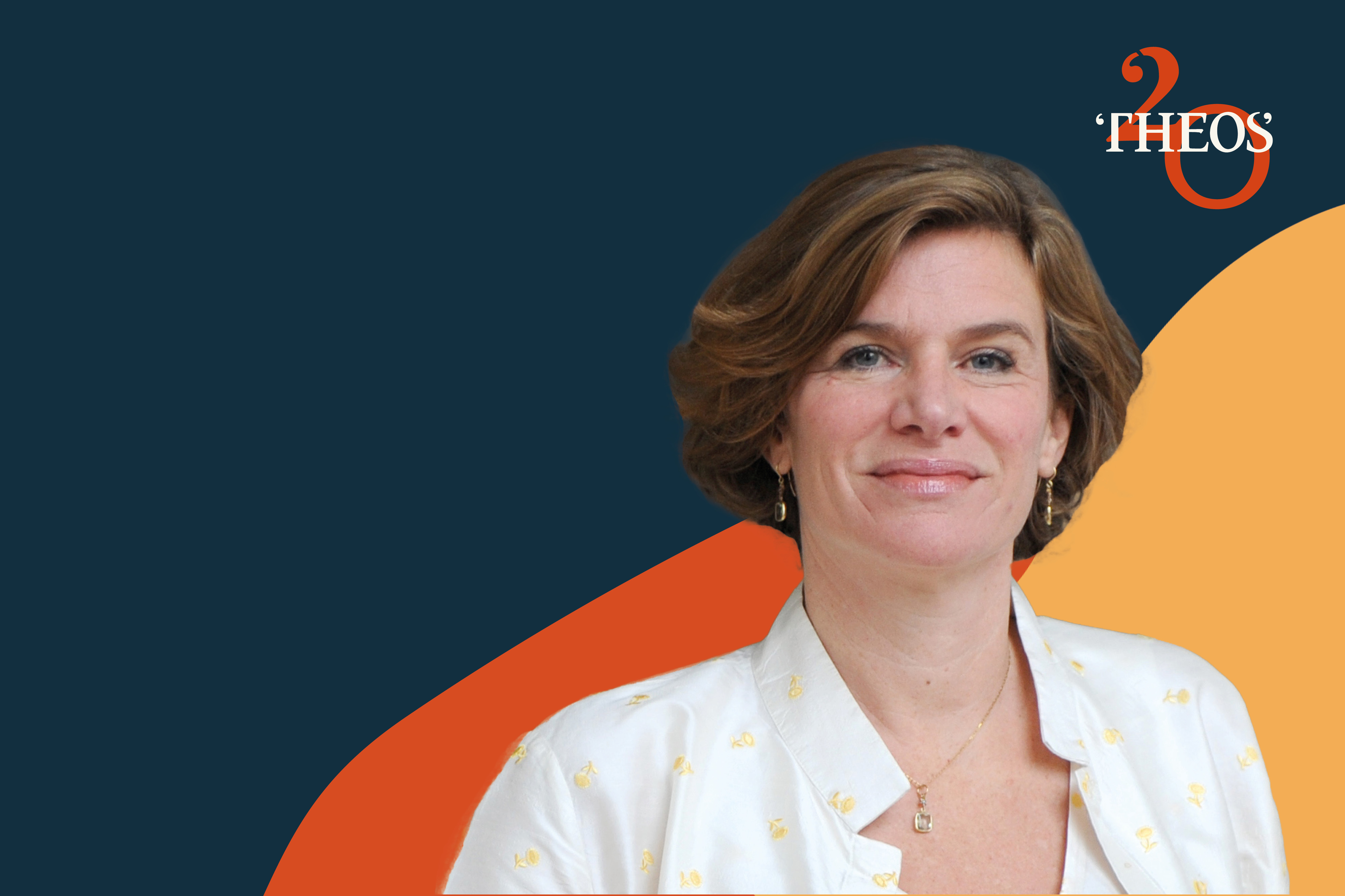 A woman with short brown hair and a white patterned blouse smiles against a dark blue and orange background with THEOS 20 logo in the top right corner.